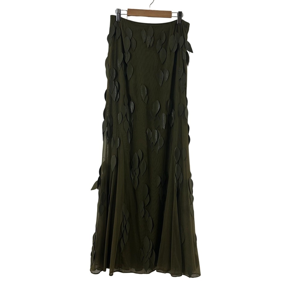 Chetta B Olive Green Mesh Maxi Skirt 3D Leaf Applique Sherrie Bloom Size 6‎